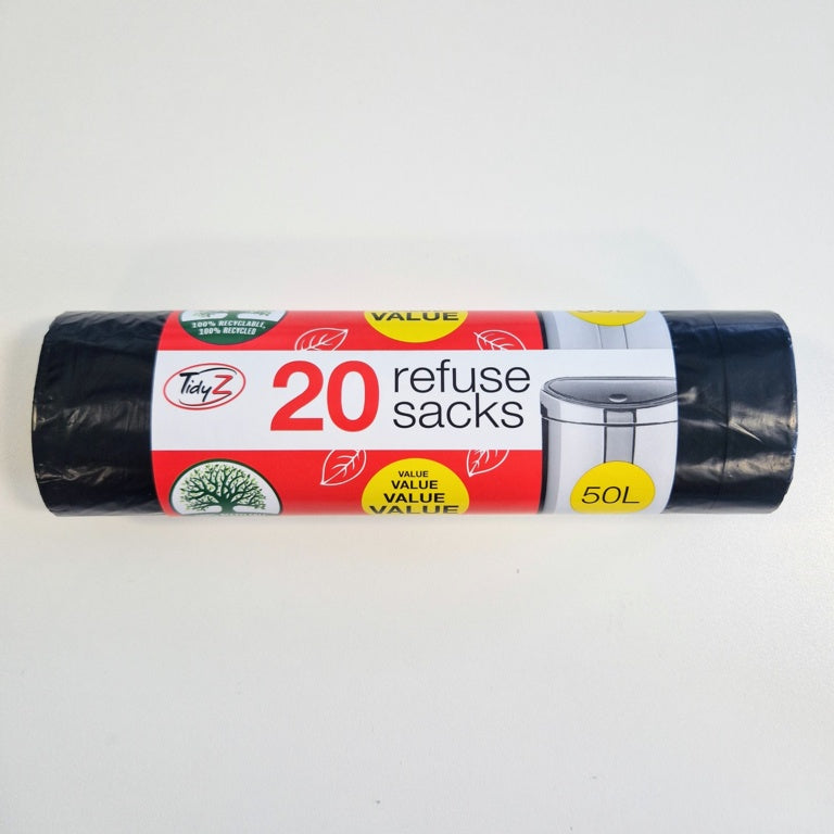 20 Black Refuse Sacks / Bin Bags 50L